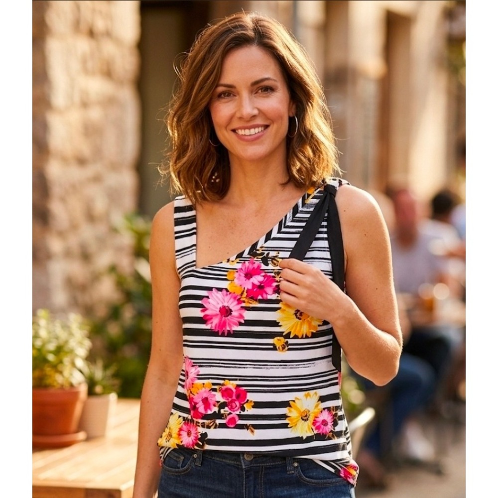 Susan Lawrence Floral Stripe Off Shoulder Top Asymmetrical Medium Y2K Shirt Pink